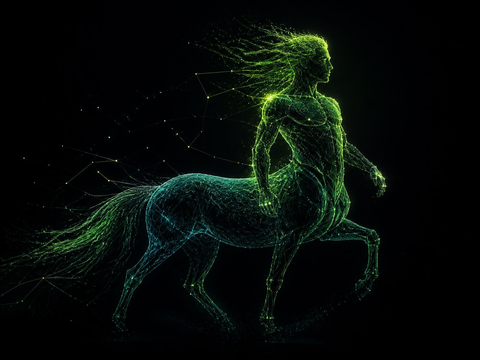 Wireframe centaur formed from glowing data connections